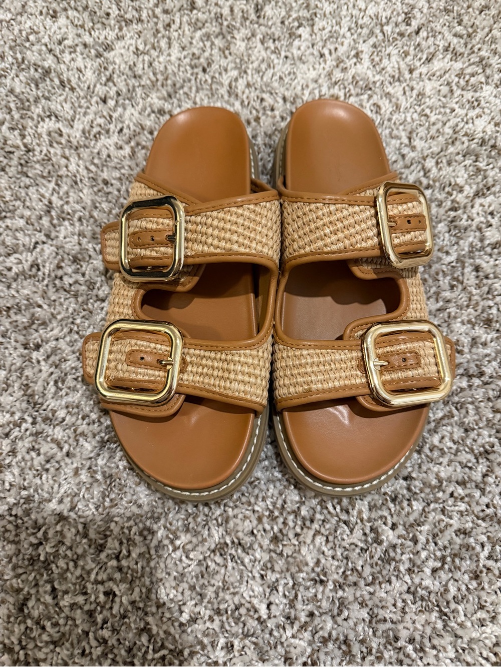 a new day Tan Woven Double-Buckle Slide Sandals with Gold Buckles